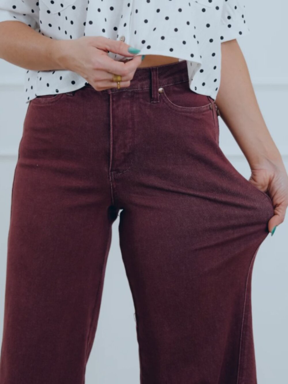 106 Judy Blue High Rise Burgundy Retro Wide Leg Jeans with Twisted Seams - Picture 7 of 8